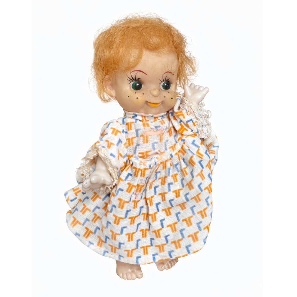 Vintage 1960s Plastic Baby Doll Red Hair Freckles Dress Toy 7in Collectible